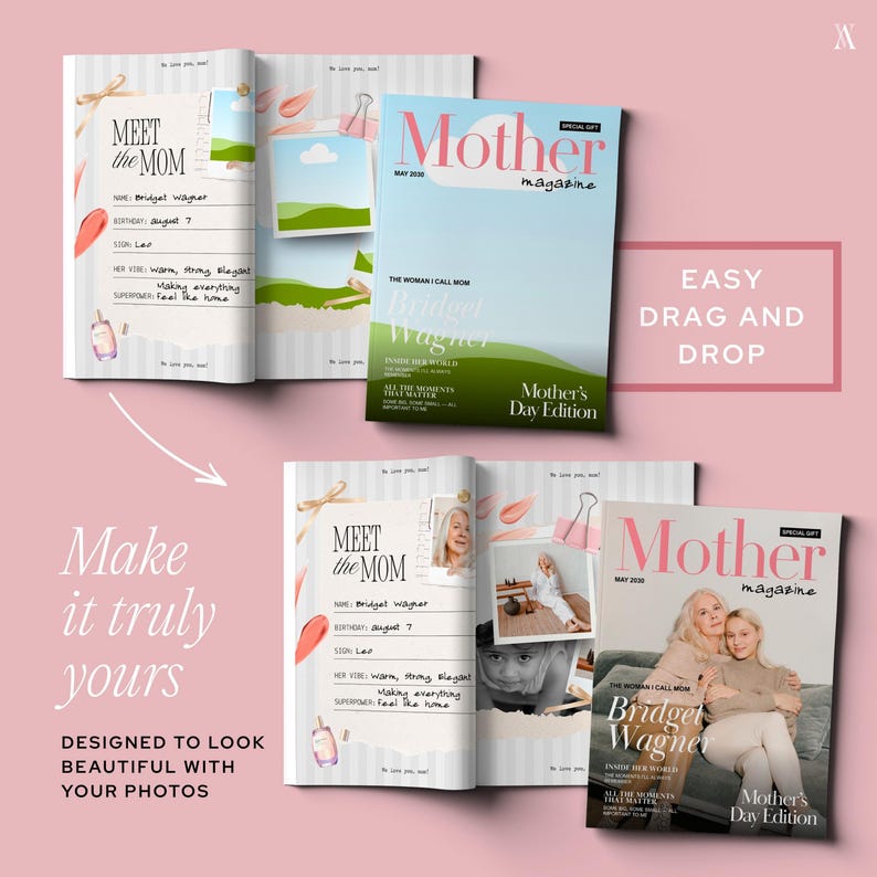 Editable Mother's Day magazine, customizable with photos, perfect for personalized mom gifts. The image features a digital Mother's Magazine with a pastel theme, showing customizable pages filled with photos and text for Mother's Day. It highlights the ease of personalization and drag-and-drop functionality within the Canva platform.