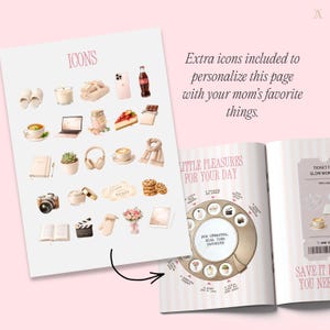 Customizable magazine with icons for personalizing Mother's Day gift. The image shows a pink-themed magazine layout with various icons, like cups and headphones, for customizing the Mother's Day template.
