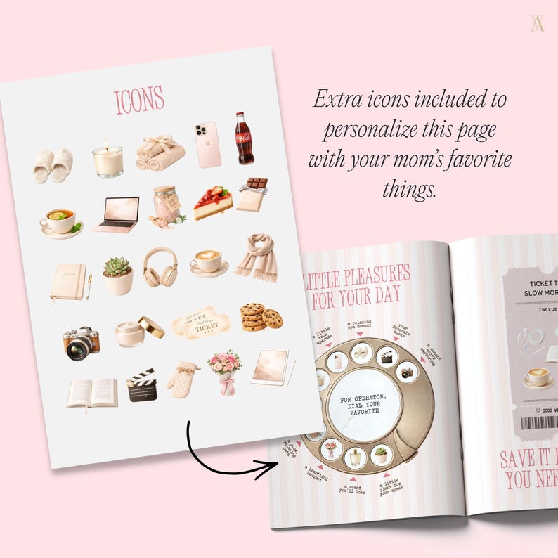 Customizable magazine with icons for personalizing Mother's Day gift. The image shows a pink-themed magazine layout with various icons, like cups and headphones, for customizing the Mother's Day template.
