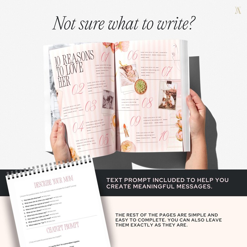 Create a unique Mother's Day keepsake with this editable magazine template on Canva. The image shows an open magazine with an elegant layout, including numbers and images. Text prompts are visible, and it promotes the product's customizability and use in Canva. The color scheme is soft and inviting.