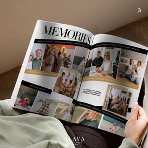 Puede incluir: Una persona sostiene una revista abierta titulada "MEMORIES". La revista presenta un collage de fotograf&iacute;as con superposiciones de texto como "Heartfelt Moments" y "Real Life in Frames". Las im&aacute;genes representan varios momentos de la vida, incluyendo reuniones y fotos espont&aacute;neas.