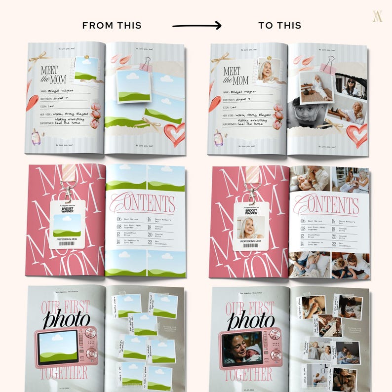 Create a personalized Mother's Day keepsake with this easy-to-edit template. The image displays a digital magazine template with customizable pages, shown in a before-and-after format. It features editable text, photo placeholders, and vibrant designs suitable for a heartfelt Mother's Day gift.