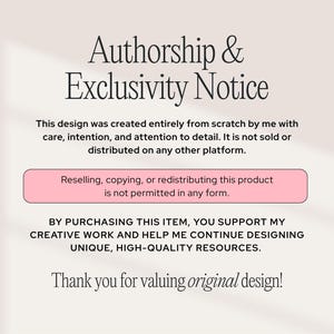 The image is a notice with a light beige background, featuring text about design authenticity and restrictions on redistribution, emphasizing the design's originality.