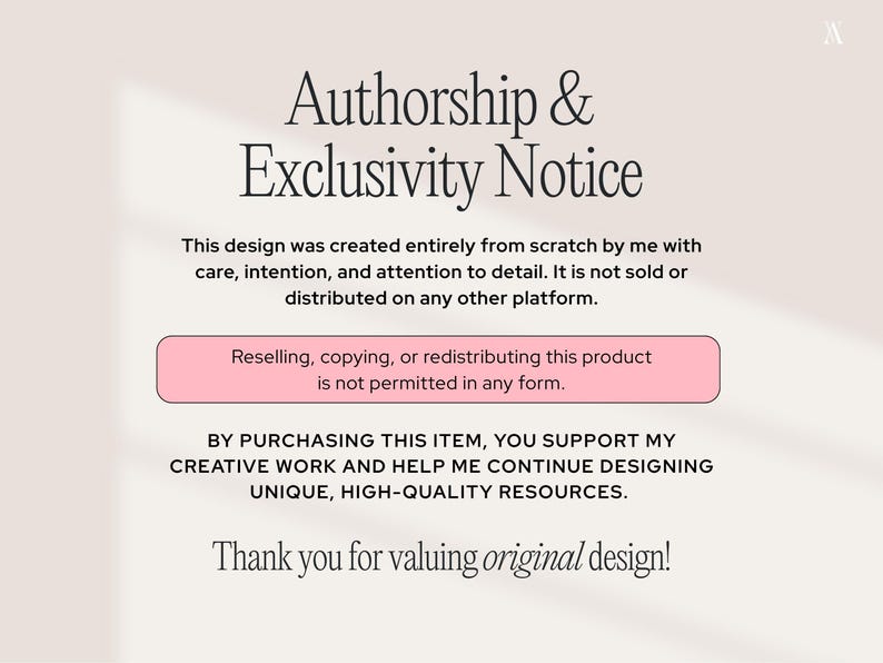 The image is a notice with a light beige background, featuring text about design authenticity and restrictions on redistribution, emphasizing the design's originality.