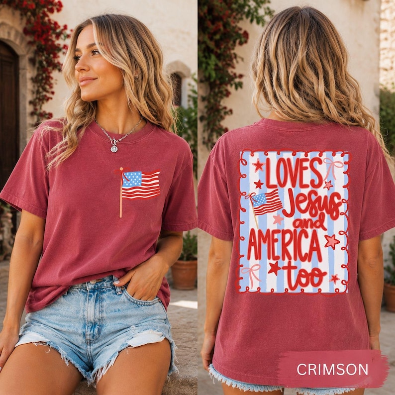 A woman wearing a red t-shirt with an American flag design and text on the back.
