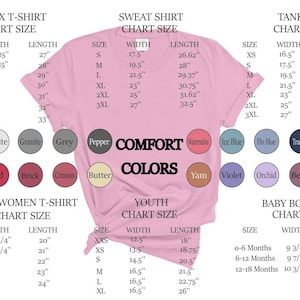 Peut inclure: Un t-shirt rose clair avec des tableaux de tailles pour les tailles unisexes, sweat-shirt, d&eacute;bardeur, boxy femmes, jeunes et b&eacute;b&eacute;s. Les mesures sont en pouces. Des &eacute;chantillons de couleurs sont affich&eacute;s avec des noms comme "Ivory", "Red" et "Comfort Colors."