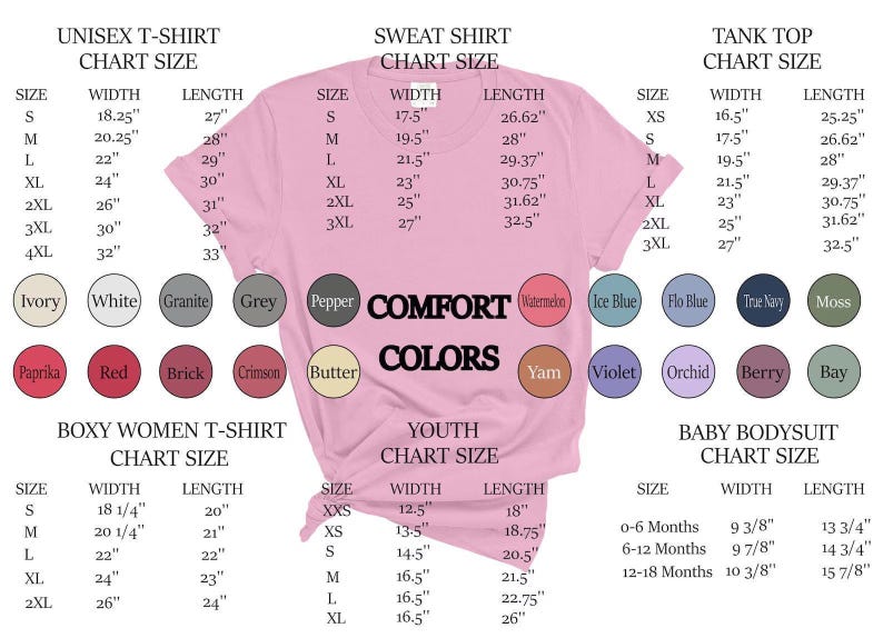 Peut inclure: Un t-shirt rose clair avec des tableaux de tailles pour les tailles unisexes, sweat-shirt, d&eacute;bardeur, boxy femmes, jeunes et b&eacute;b&eacute;s. Les mesures sont en pouces. Des &eacute;chantillons de couleurs sont affich&eacute;s avec des noms comme "Ivory", "Red" et "Comfort Colors."