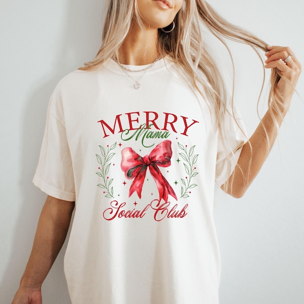 Merry Christmas Comfort Colors Shirt, Merry Mama Social Club Shirt, Christmas Coquette Bow Shirt, Retro Christmas Tee, Christmas Mam, Santa