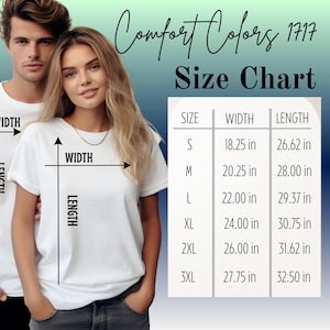 The image is a size chart for a white t-shirt, with a man and a woman standing next to each other. The chart provides measurements for different sizes, including S, M, L, XL, and 3XL, along with their corresponding widths and lengths.