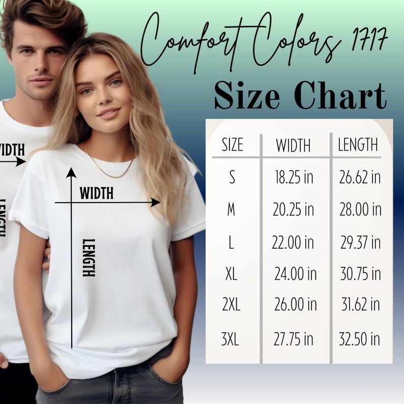 The image is a size chart for a white t-shirt, with a man and a woman standing next to each other. The chart provides measurements for different sizes, including S, M, L, XL, and 3XL, along with their corresponding widths and lengths.