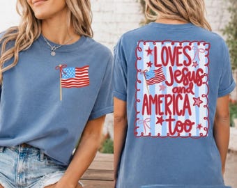 Comfort Colors® Loves Jesus and America Too Shirt Sweatshirt, 4th of July Patriotic Coquette Bow Tee American Flag