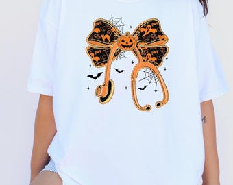Halloween Nurse Shirt, Stethoscope Pumpkin Bow Tee, Cute Medical Halloween Shirt, Gift For Nurse, Spooky Nurse Shirt, Comfort Colors Tee.