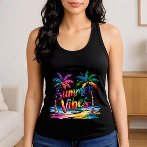 Neon Sunset Palm Tree Tank Top: Retro Summer Vacation Vibes