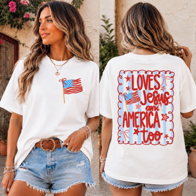 A woman wearing a white t-shirt with an American flag design and text on the back.