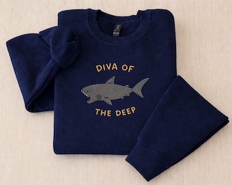 Embroidered Diva of the Deep Sweatshirt Hoodie Shirt, Shark Embroidery Crewneck, Funny Ocean Lover Pullover, Coastal Graphic Gift