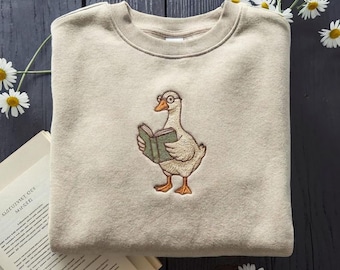 Reading Goose Embroidered Sweatshirt Hoodie Shirt, Book Lover Duck Literary Crewneck