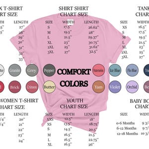 Op de afbeelding: Een roze t-shirt met maattabellen voor verschillende shirtstijlen, waaronder unisex, shirt, tanktop, boxy dames, jeugd en babybody. Kleurstalen zijn onder meer Ivory, White en Red.