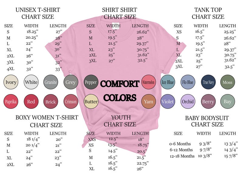 Op de afbeelding: Een roze t-shirt met maattabellen voor verschillende shirtstijlen, waaronder unisex, shirt, tanktop, boxy dames, jeugd en babybody. Kleurstalen zijn onder meer Ivory, White en Red.