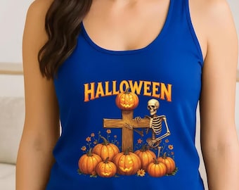 Halloween Skeleton & Pumpkins Tank Top: Spooky Gothic Graveyard