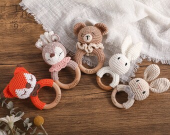 Personalized Animal Crochet Rattle,Custom Wooden Baby Rattle,Engraved Rattle With Name,Baby Shower Gift,Newborn Gift,Wooden Rattle Ring