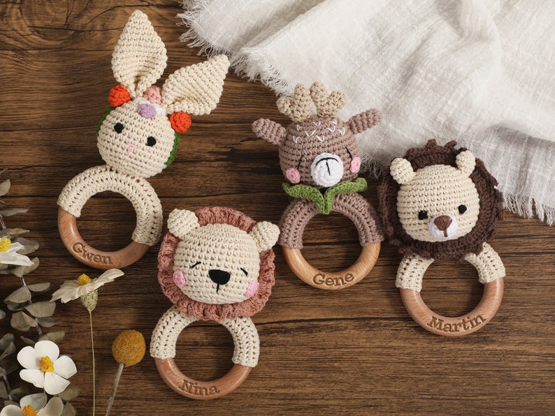 Personalized Animal Crochet Rattle,Custom Wooden Baby Rattle,Engraved Rattle With Name,Baby Shower Gift,Newborn Gift,Wooden Rattle Ring image 3