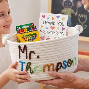 Personalized Teacher Appreciation Basket, Custom Classroom Storage Basket, Handmade Cotton Rope Organizer, Back to School Gift