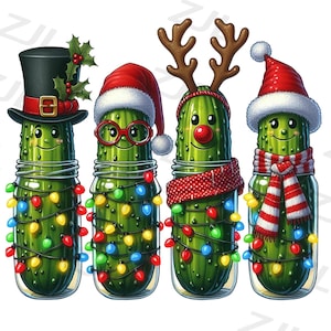 May include: Four cartoon pickles in glass jars, each with a festive Christmas theme. One wears a top hat, another glasses and a Santa hat, a third has reindeer antlers, and the last a Santa hat and scarf. All are decorated with Christmas lights.