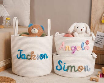 Cesta artesanal personalizada, cesta de juguetes personalizada, regalos para baby shower, organizador de juguetes tejido a mano, cesta de regalo de algodón con cuerda, cesta para bebé