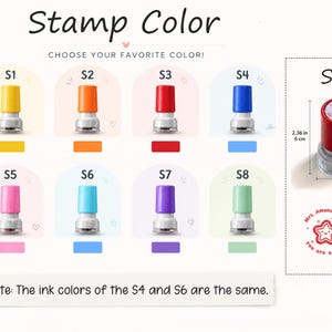 May include: A collection of eight self-inking stamps labeled S1 through S8 in yellow, orange, red, blue, pink, light blue, purple, and light green. A red stamp is shown with dimensions of 2.36 inches by 1.46 inches and a 1.14 inch star imprint.