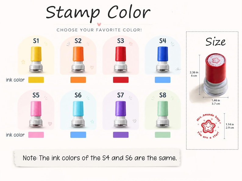 May include: A collection of eight self-inking stamps labeled S1 through S8 in yellow, orange, red, blue, pink, light blue, purple, and light green. A red stamp is shown with dimensions of 2.36 inches by 1.46 inches and a 1.14 inch star imprint.