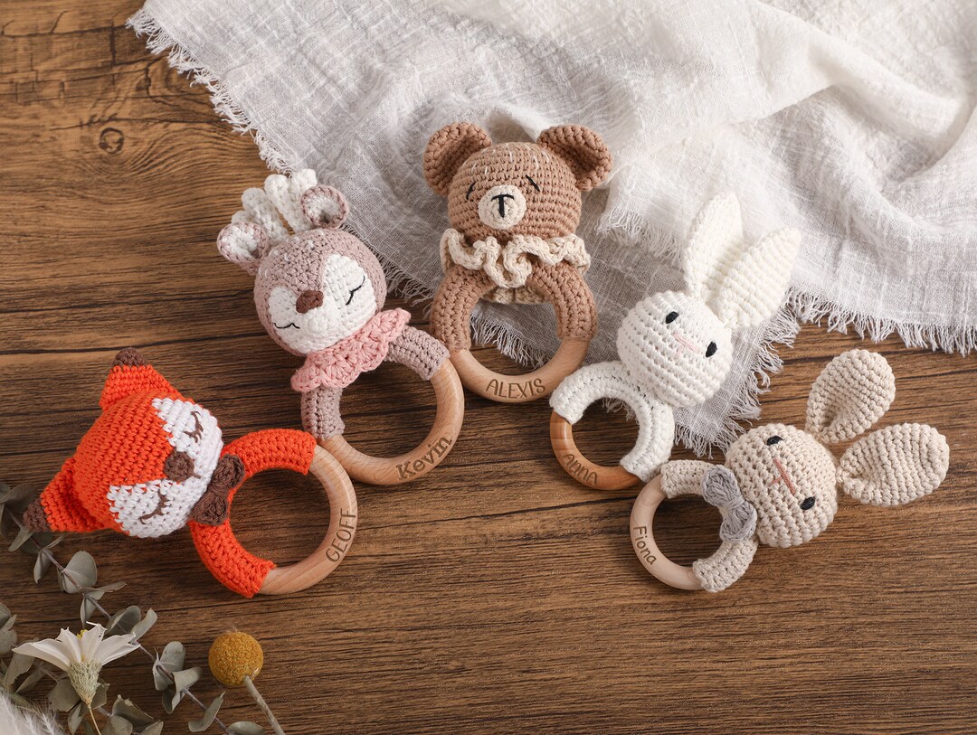 Personalized Animal Crochet Rattle,custom Wooden Baby Rattle,engraved