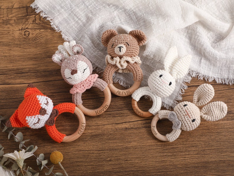 Personalized Animal Crochet Rattle,Custom Wooden Baby Rattle,Engraved Rattle With Name,Baby Shower Gift,Newborn Gift,Wooden Rattle Ring image 1
