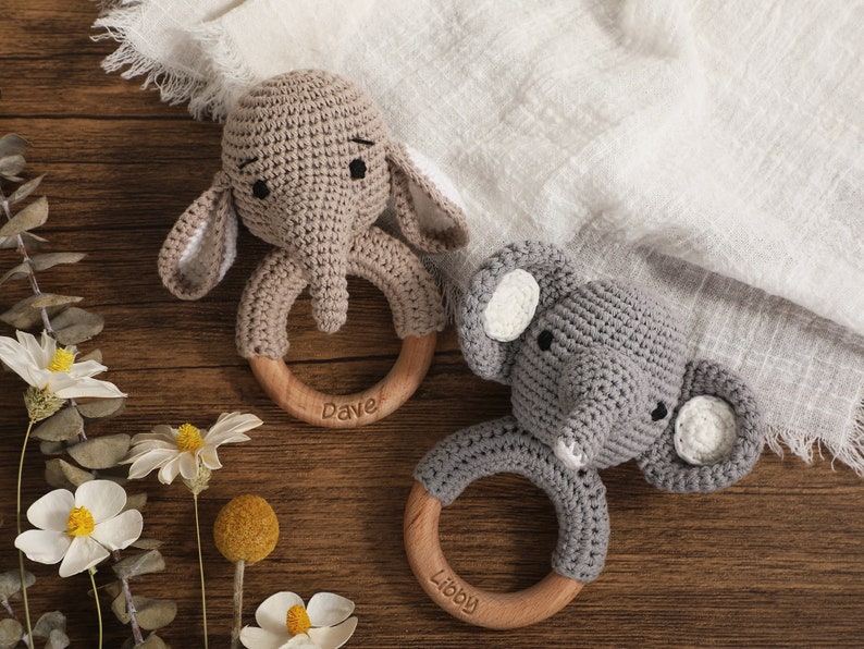 Personalized Animal Crochet Rattle,Custom Wooden Baby Rattle,Engraved Rattle With Name,Baby Shower Gift,Newborn Gift,Wooden Rattle Ring image 6