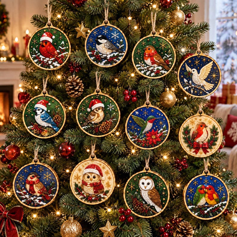 Cardinal Spruce Tree Christmas DIY Pearl Art Ornament Kit, 12 Piece Wooden Hanging Decor ...