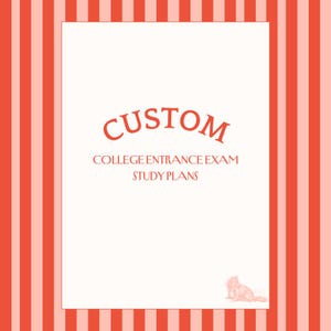 Könnte beinhalten: Ein rechteckiges weißes Schild mit einem rot gestreiften Rand, das den roten Text CUSTOM COLLEGE ENTRANCE EXAM STUDY PLANS in der Mitte und eine kleine, hellrote Abbildung einer sitzenden Katze in der unteren rechten Ecke zeigt.