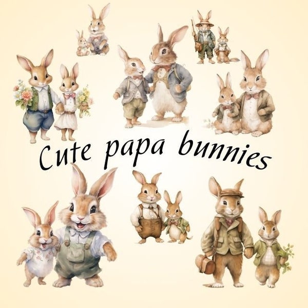 Papa bunny clipart, watercolor Father's Day clipart, cute rabbits graphics, watercolor bunnies, baby bunny, cute father