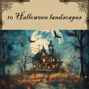 Halloween landscape digital paper, haunted houses images, watercolor halloween scenes, spooky house png, halloween scrapbook pages