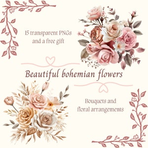 Bohemian floral bouquets, boho flowers, boho arrangements, boho clipart, bohemian watercolor, flower clipart