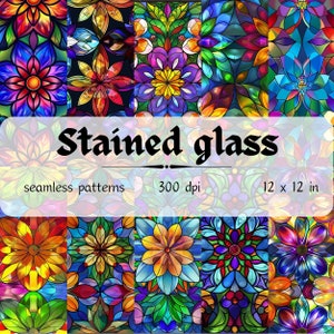 Stained Glass Seamless Patterns - Stained Glass Digital Paper - Stained Glass Sublimation - Stained Glass Digital Pattern - Flower Pattern