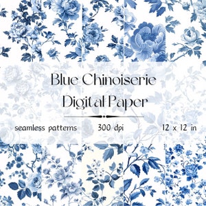Naadloze Chinoiserie bloempatronen - Toile De Jouy digitaal papier - Chinoiserie achtergronden in blauw en wit - Chinoiserie digitaal papier