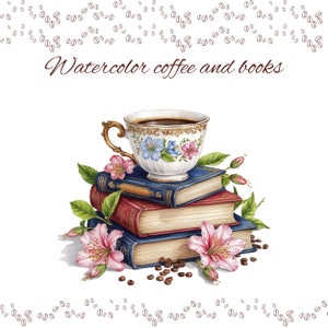 Clipart di caffè e libri, clipart di caffè, clipart di libri, clipart stampabili ad acquerello, clipart di caffè ad acquerello, clipart di biblioteca