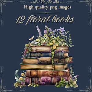 Floral Books Clipart, Books and Flowers, Books Clipart, Nursery Art, Digital Download, Card Making, Books Clipart, Digital Paper Craft