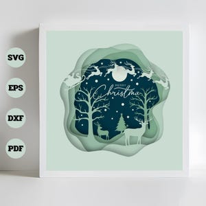 Modèle 3D de boîte d'ombre de joyeux Noël, boîtes d'ombre de Noël, paysage de Noël 3D, boîte d'ombre de Santa Sleigh SVG, hiver de Noël dans la forêt 3D