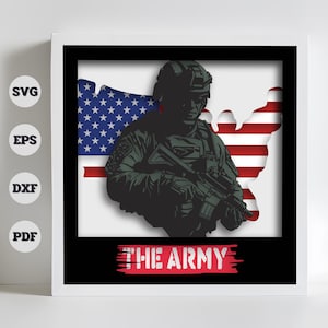 May include: A black and green silhouette of a soldier holding a rifle, standing in front of a red, white, and blue American flag. The text "THE ARMY" is written in red on a white background.