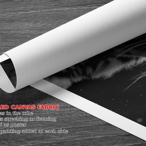 Puede incluir: Una impresi&oacute;n en lienzo enrollado en blanco y negro de la cara de un tigre. La impresi&oacute;n est&aacute; enrollada y tiene un borde blanco. El texto "ROLLED CANVAS FABRIC" es visible en la parte inferior de la imagen. El texto debajo del t&iacute;tulo dice: "Comes in the tube", "Needs stretching or framing", "Use it as poster", "2.5" padding added at each side".