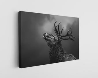 Lienzo decorativo de pared con diseño de alce - Impresión monocromática en blanco y negro - Tinta pigmentada duradera, enrollable o estirable, ideal para la decoración del hogar