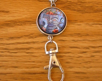 Blue Tiki, lanyard pendant, 1" glass charm, silver frame and spring clip, with 28" silver chain