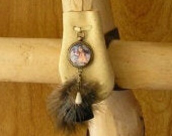 Rain Maker Maiden buckskin leather pouch with feathers, bead & glass charms, 36" long beaded, adjustable cord, pouch is 3" x 2.5"