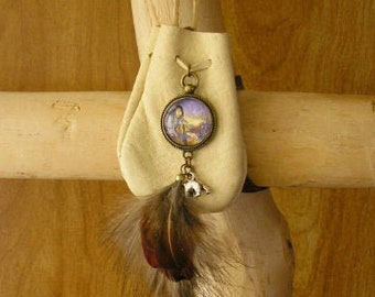 Bear Maiden buckskin leather pouch with feathers, stone & glass charms, 36" long beaded, adjustable cord, pouch is 3" x 2.5"