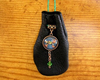 Peace Frog, Black Leather pouch with a  glass charm and a crystal bead, 40" long beaded, adjustable hemp cord, pouch is 3.5" x 2.5"